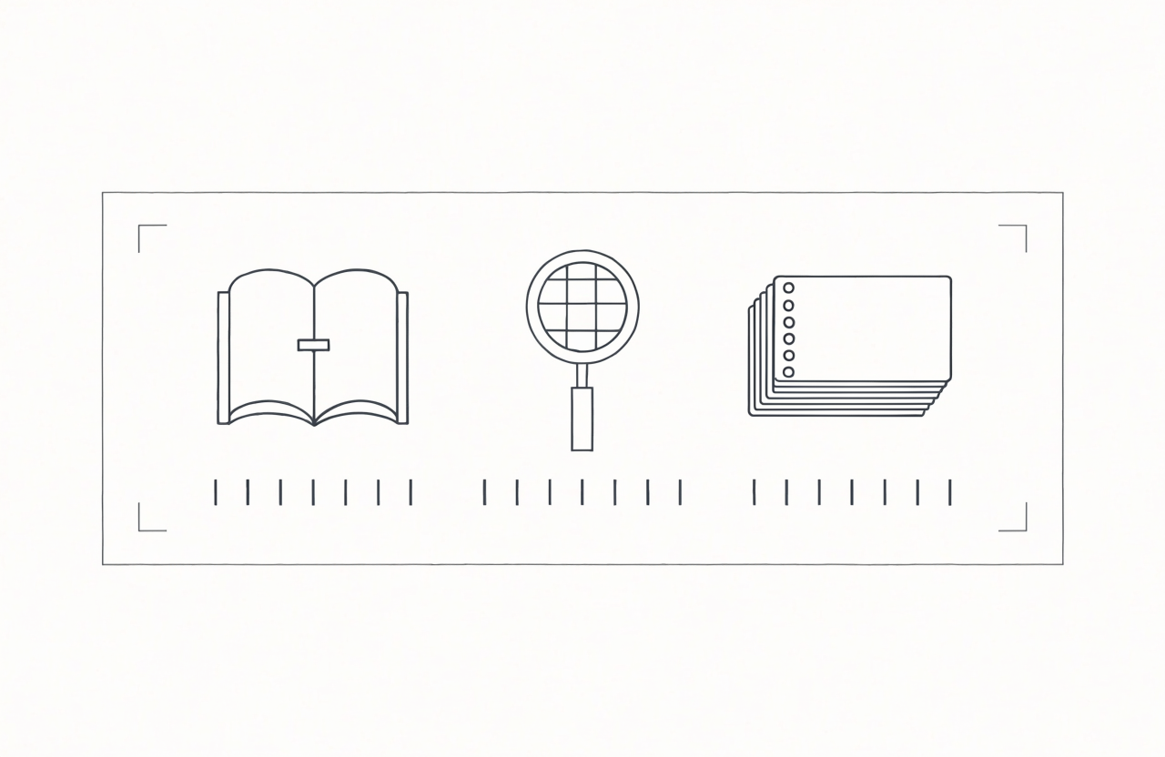 Ink-line system plate: an open book, a gridded magnifying lens and a stack of index cards, drawn left to right inside a drafting frame with corner marks and measurement ticks.